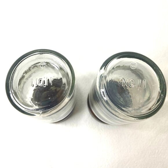 Vintage Glass Spice Bottles Shakers Jars Wood Lids Lot of 2 Marked Apothecary - Picture 3 of 4